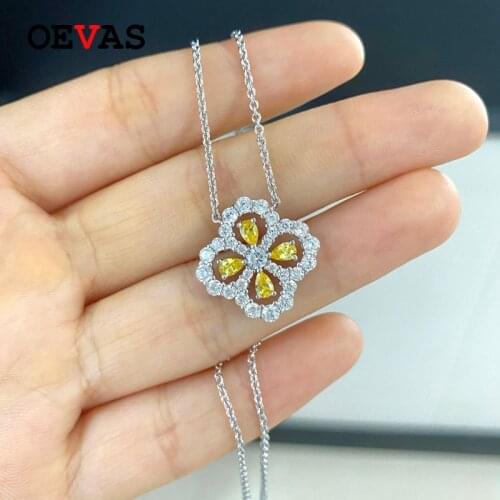 OEVAS 100% 925 Sterling Silver Hollow Out Topaz High Carbon Diamond Four Leaf Clover Pendant Necaklace Women Paty Fine Jewelry