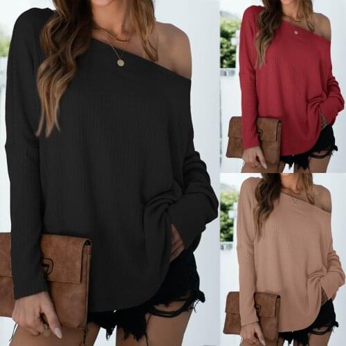 Sexy strapless T-shirt Tops Women‘s Casual T Shirts Long Sleeve Solid Color O-Neck Drop Shoulder Tops blusas футболка