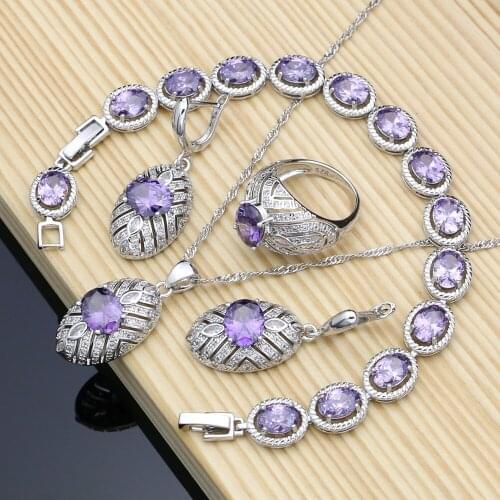 Silver Bridal Jewelry Sets Purple CZ Costume Jewelry Kits For Women Earrings/Rings/Necklace Set Dubai Jewelry Dropshipping