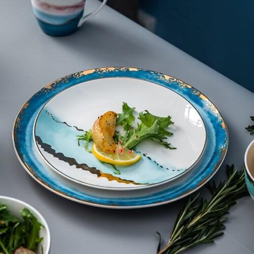 Landscape painting steak plate ceramic western food plate breakfast plate disc steak plate cutlery set household dish plate