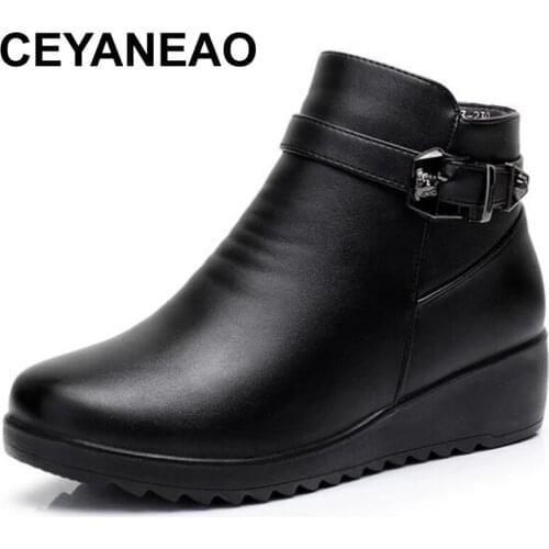 CEYANEAOWinter Mother Cotton Shoes Wool Boots Middle-aged Women Shoes Boots Flat Wedges Genuine Leather Shoes Womens Boots Snow