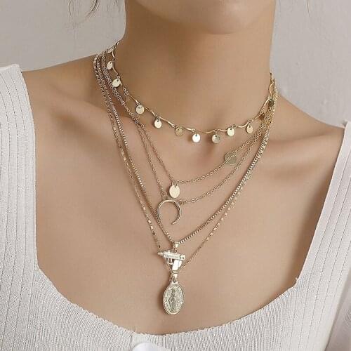 Vintage Multilayer Moon Gun Goddess Pendant Necklace Women Exaggerated Geometric Sequins Necklace Punk Party Jewelry Necklaces