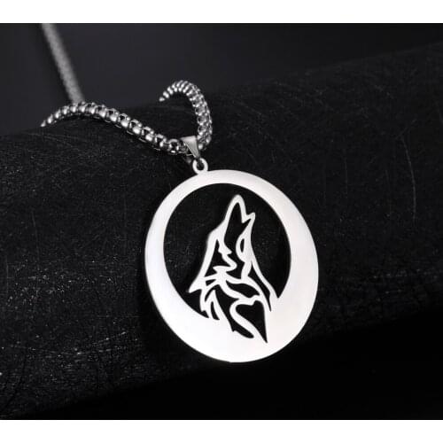 Teamer Vintage Crescent Wolf Pendant Necklace Stainless Steel Necklace for Men Women Gothic Punk Jewelry Accessories Box Chain