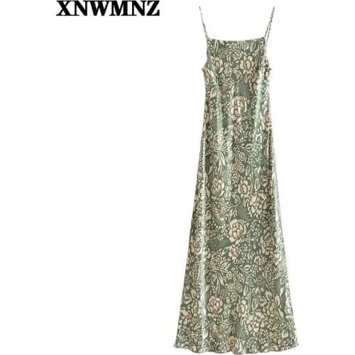 XNWMNZ ZA Women Mid-Calf Camis Dress Elegant Slim Backless Slash Neck Sexy Dresses Printed Sleeveless A-Line Party Vestido robe