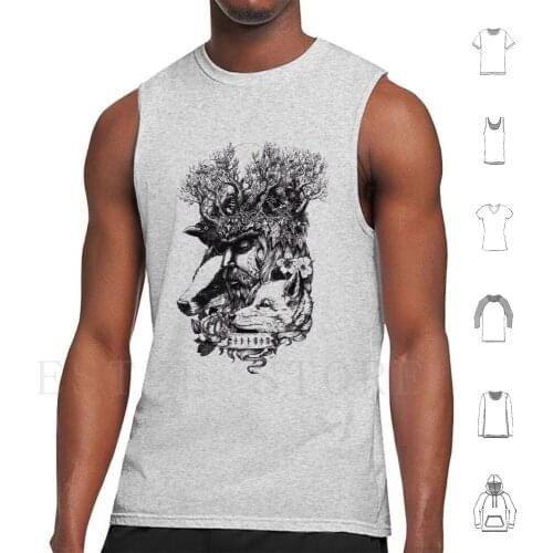 Jack In The Green , Linework Tank Tops Vest Nature Green Man Cernunos Badger Fox Raven Crow Tree Trees Forest Pagan Runes