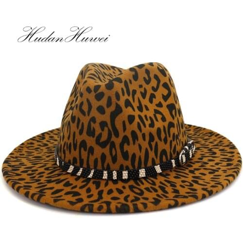 2020 New High Quality Leopard Wollen Felt Fedora Hat with Wide Brim Couple Hat Jazz Church Party Holiday Caps