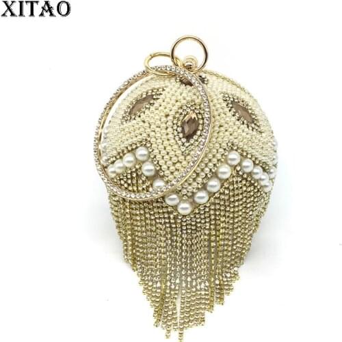 XITAO Women Cocktail Party Evening Bags Round Shape Tassel Diamond Beading Portable Temperament Mini All-match Bag GWJ0079