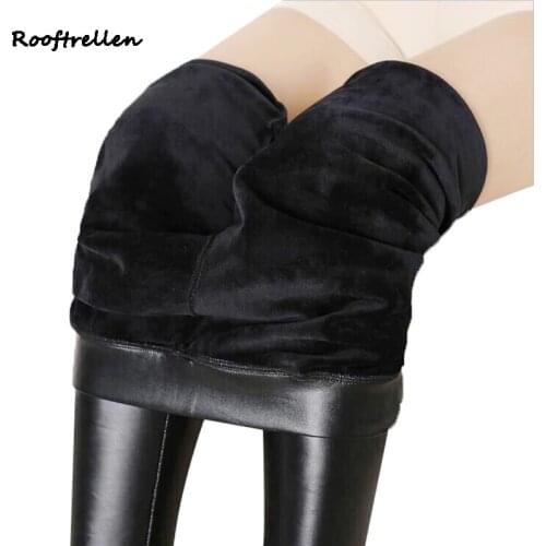 Rooftrellen 8%Spandex Plus Size Plus Velvet Leggings Women PU Leather Leggings Winter Leggings Legging Thickening Warm Leggings