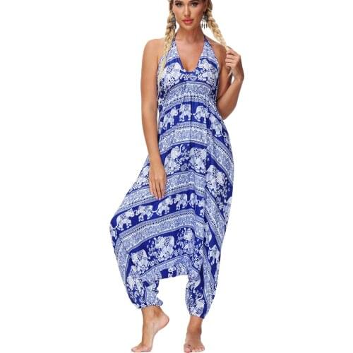 Women Yoga Jumpsuits Sexy V Neck with Spaghetti Strap Loose Boho Harem Print Beach One Piece Jumpsuit