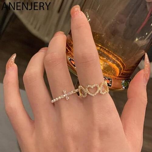 ANENJERY 925 Sterling Silver Inlaid Zircon Hollow Heart Opening Rings for Women Simple Temperament Korea Party Jewelry