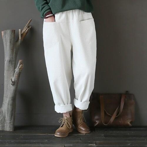 Women Casual Vintage Corduroy Solid Color Elastic Waist Pants Ladies Retro Loose Spring Pockets Female Cotton Trousers