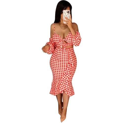 Red White Plaid Print Bandage Two Piece Dress Sets Sexy Spaghetti Strap Backless Crop Top and Ruffles Mermaid Skirt Vintage