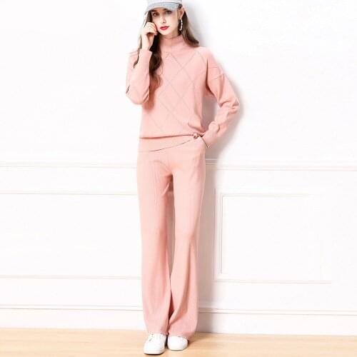 2021 Autumn 2 Pieces Set Women Knitted Tracksuit Turtleneck Sweater + Carrot Jogging Pants Pullover Sweater Set Chic Outwear
