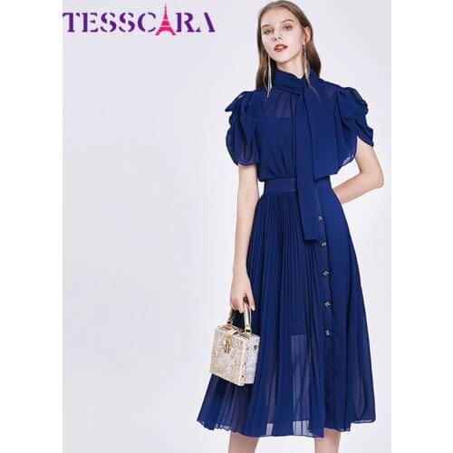 TESSCARA Women Summer Elegant Chiffon Dress Festa High Quality Long Wedding Party Robe Femme Vintage Designer Pleated Vestidos