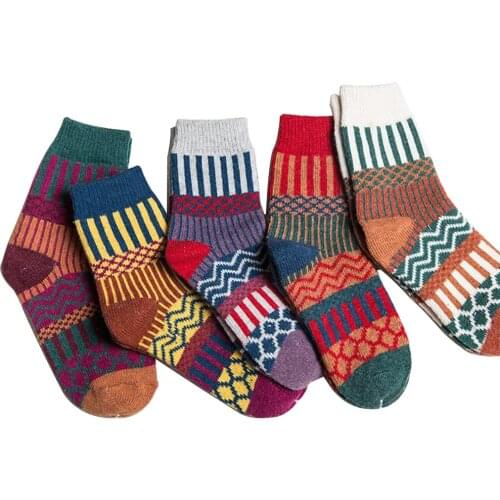 5 Pairs /Lot Mix Color Colorful Fashion Women Girls Cotton Winter Thick Keep Warm Socks Stripe Print Pattern