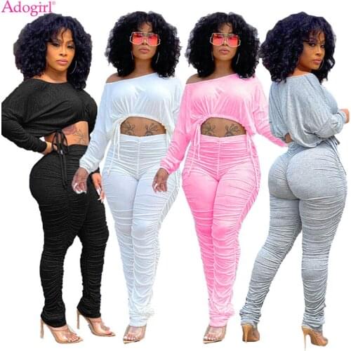Adogirl Solid Loose Two Piece Set Casual Long Sleeve Drawstring Pullover Stacked Pants Suit Sports Outdoor Clothing