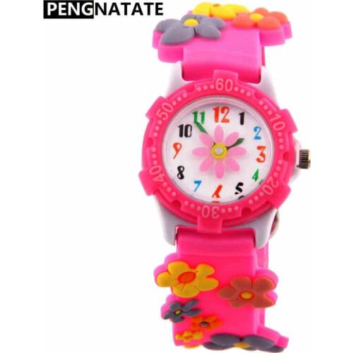 PENGNATATE Girls Kids Watches Red Flower 3D Bracelet Silicone Wristwatches Fashion Mini Strap Children Cartoon Watch Cute Gifts