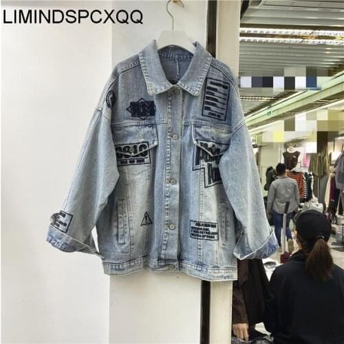 Jeans Jackets Womens Fashion Letter Embroidery Denim Pocket Lapel Long Sleeve Loose Coat Female Harajuku Clothing 2021 Lapel New
