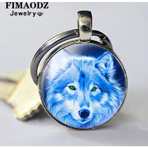 FIMAODZ Punk Wild Wolf Keychain Wolf Full Moon Glass Picture Exquisite Silver Plated Pendant Alloy Key Chain Animal Keyring