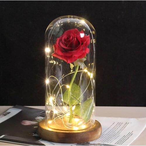 2020 Dropshipping Beauty and the Beast Red Rose in a Glass Dome with LED Light Wooden Base for Valentines Mothers Day Gifts