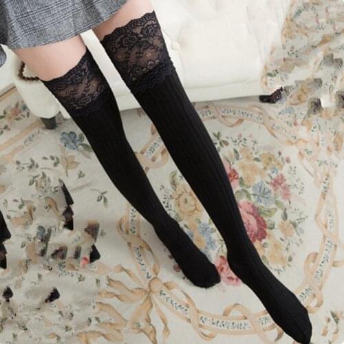 1Pair Lace Thigh Cotton Stocking Breathable High Elasticity Daily Costume Vertical Stripes Rib Knit Thigh Stockings