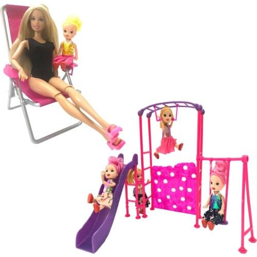 NK 2 Pcs / Set Doll Toy Casual Folding Chair Sofa Armchair Slide Swing Entertainment Equipment For Barbie 1/6 Doll Game House