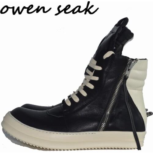 Owen Seak Men Casual Shoes High-TOP Ankle Boots Genuine Leather Rivet Luxury Trainers Men Lace-up Zip Flats Big Shoes Sneakers