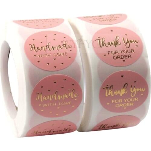 500pcs/roll Pink Gold Stickers Thank You Sticker Thank You for Your Order Handmade With Love sticker Round Seal Adhesive Labels