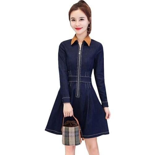 New Elegant Spring Summer Women Dresses Sweet Casual Plus size Short sleeve Dress Lapel Pocket Long sleeve Denim платье OK695