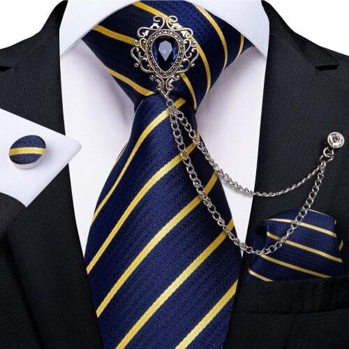 New Design Fashion Men Tie Pocket Square Brooch Chain Set 8cm Wide Silk Necktie Wedding Party Business Ties For Men DiBanGu