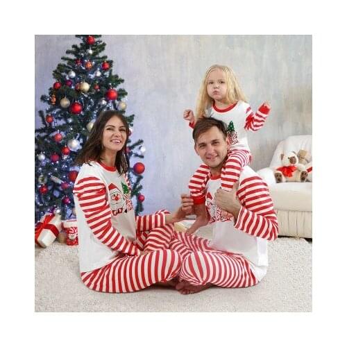 Autumn New Home Service Striped Parent-child Suit Santa Claus Print pPrent-child Pajamas Holiday Clothing Family Matching Set