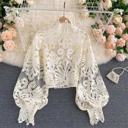 Spring Autumn Sexy Lace Shirt Hollow Out Lantern Long Sleeve Stand Collar Short Blouse Women Elegant Casual Loose Tops Blusas