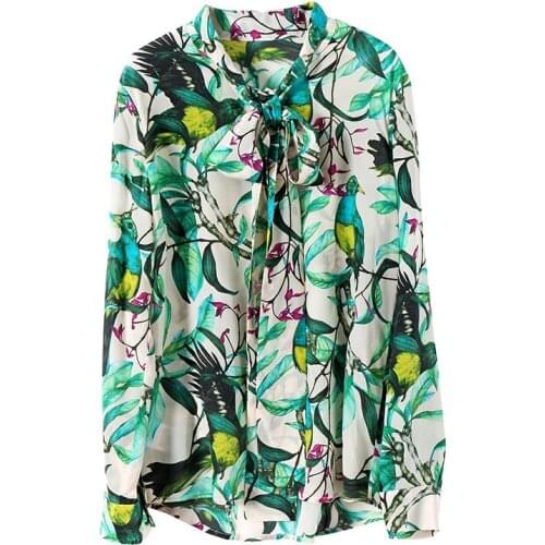 Floral Bow Silk Shirt Floral Fashion Silk Shirt Long Sleeve Office Shirt