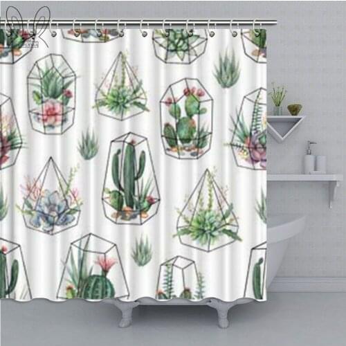 Green Floral Cactus Succulents Terrariums Geometric Florariume Black Waterproof Shower Curtain Sets
