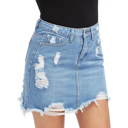 High Quality Women Blue Ripped Casual Mini Denim Skirt 2019 Summer New Bodycon Skirt Basic Pocket Jeans Cool Mid Waist Skirt