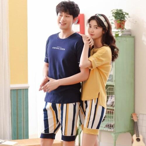 Women and men 2019 new cotton summer couple Korean pajamas breathable comfortable short sleeve shorts two piece pajama sets