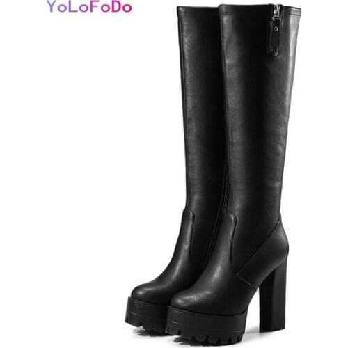 Black Gray Women Knee High Boots Platform Square High Heel Calf Boots High Quality Autumn Winter Womans Boots Plus Size 34-42