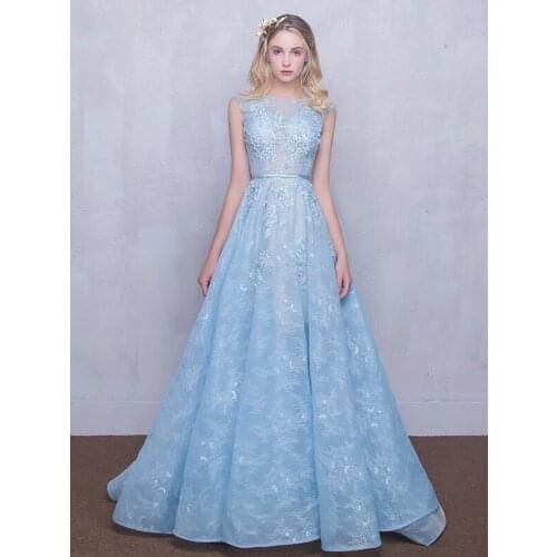 Sky Blue Lace Long Evening Dress 2020 New Bateau Neck Beading Appliques A-Line Special Occasion Prom Party Gowns robe de soriee