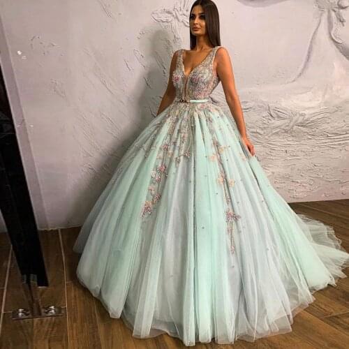 Vestido De Mujer Elegant Mint Green Tulle Ball Gowns For Bridal Floral Lace Crystal Dresses Women To Formal Party