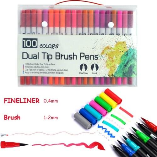 100 PCS Colors Dual Tip Brush Pen FineLiner and Brush Drawing Painting Watercolor Art Marker Pens for Coloring Manga Calligraphy