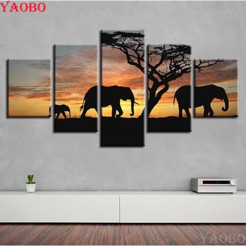 5 PCS 5D DIY Diamond Painting Cross Stitch Sunset elephant landscape Full Round Square Rhinestone Mosaic Diamond Embroidery Kit