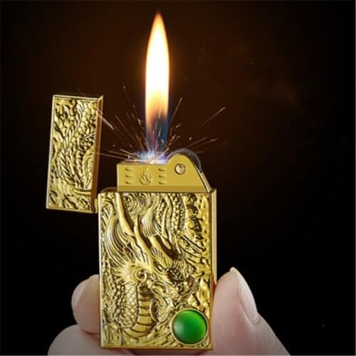 Butane Open Flame Lighter Metal Ultra-Thin Three-Dimensional Relief Grinding Wheel Lighter Cigarette Accessories Men Gift