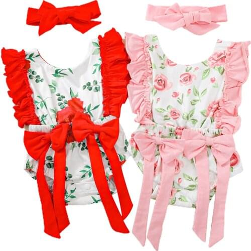Citgeett Summer Newborn Baby Girls Bodysuit Floral Print Fly Sleeve Jumpsuit+ Solid Hairband Clothes