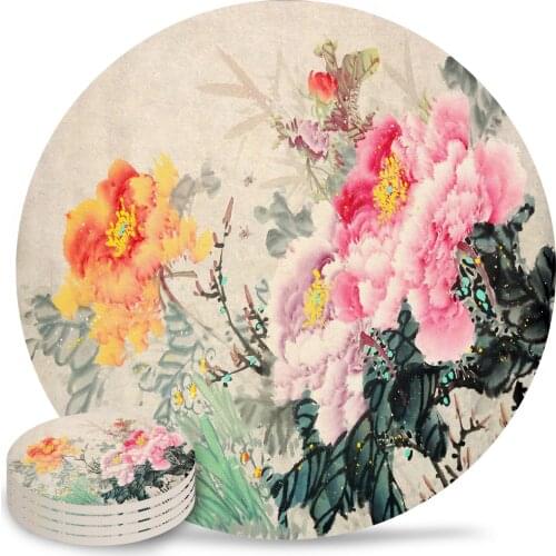 Flower Petals Ink Painting Coasters Coffee Table Decor Kitchen Accessories Ceramic Coaster Dinning Table Decoration Placemats