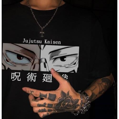 Harajuku Mens T-shirt Jujutsu Kaisen Manga Printed Unisex T shirt Graphic Eyes Cartoon Anime Casual Tshirt Male Streetwear Tops