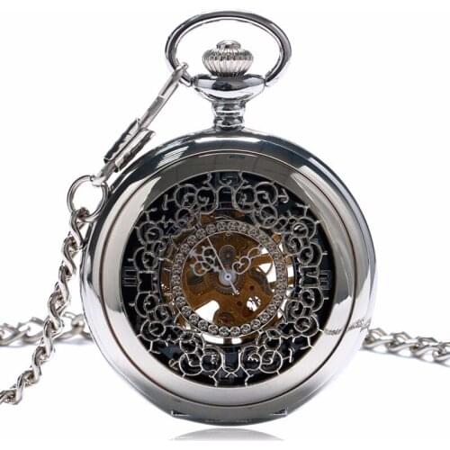 2020 Hot Sell Luxury Hollowed Silver Carving Mechanical Pocket Watch Vintage Black Dial Hand Wind Pocket Watch Wholesale