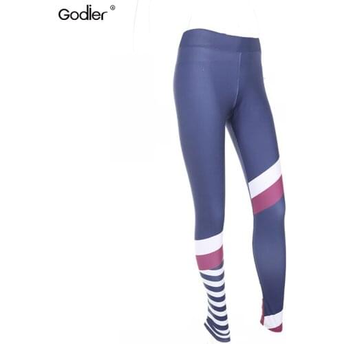 Godier Pattern Print Splicing Leggings Fitness Line Leggings For Women Workout Leggins Elastic Slim Blue Pants Jc0052