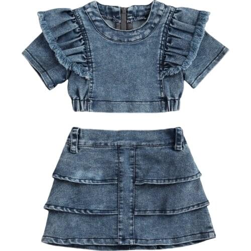 2Pcs Toddler Summer Outfits Solid Color O-Neck Short Sleeves Crop Tops + High-Waist Layered Skirt for Little Girls 1-6 Years