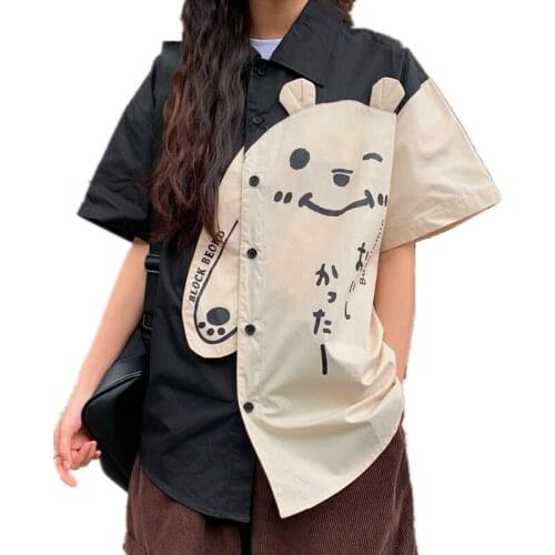 Summer Street Fashion Women Cartoon Bear Printed Shirts Students Teen Girls Preppy Style Kawaii Blouses Loose Casual Cute Tops