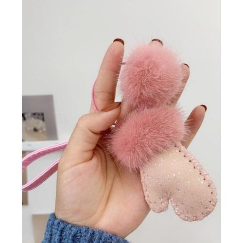 Korea Style Kawaii Keychain For Girls Gift Luxury Mink Fur With Leather Mini Gloves Accessories Candy Color Phone Pendant Chain